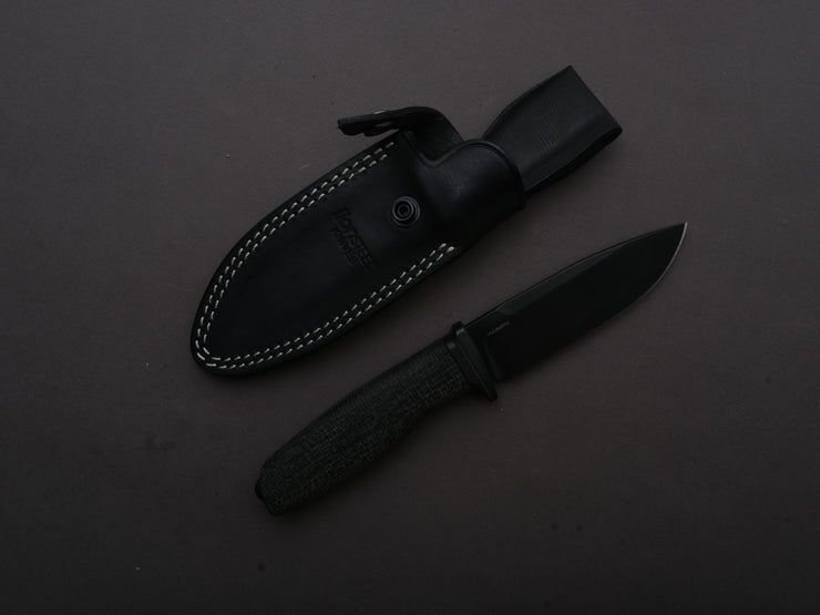 LionSTEEL - FIXED - Acha - M390 - Stonewashed Black - 107mm - Black Burlap - Leather Sheath
