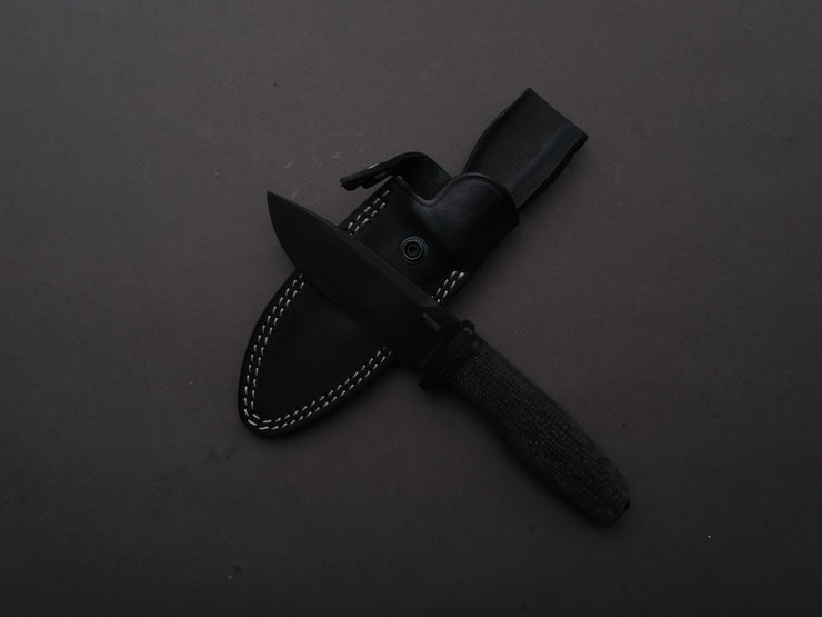 LionSTEEL - FIXED - Acha - M390 - Stonewashed Black - 107mm - Black Burlap - Leather Sheath