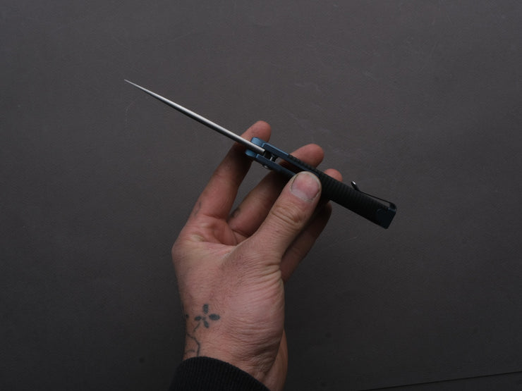 lionSTEEL - Folding Knife - Button Lock - Twain - MagnaCut - 80mm - Blue Titanium Handle w/ Carbon Fiber Inlay