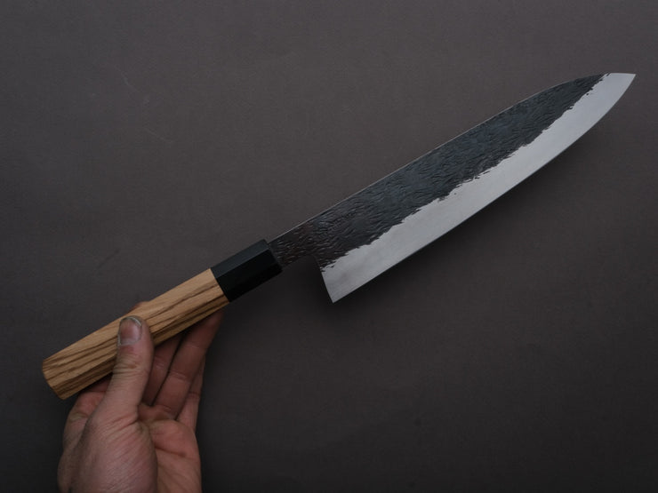 Isamitsu - Super Blue Stainless Clad - Kurouchi - 240mm Gyuto - Taihei Zebrawood Handle