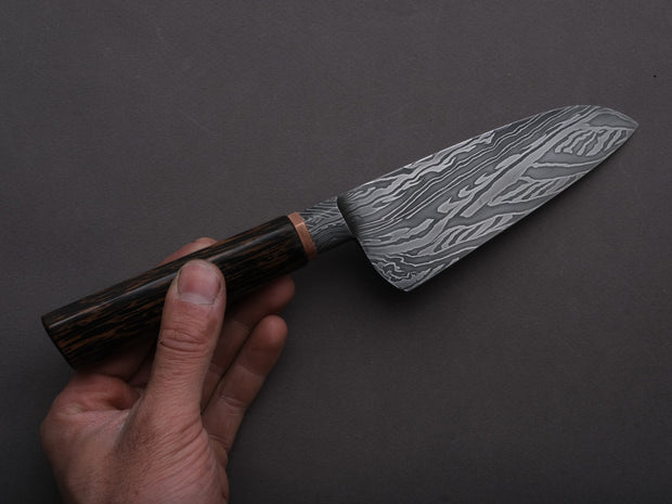 Zay Knives - 1095-15N20 - Coreless Mosiac Integral Damascus - Petty/Utility - 130mm - Black Palm Western