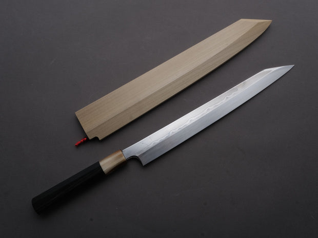 Hitohira - Togashi - White #1 - Sanbonsugi Mizu Honyaki - Kiritsuke Yanagiba - 300mm - Taihei Makassar Ebony Handle (Saya)