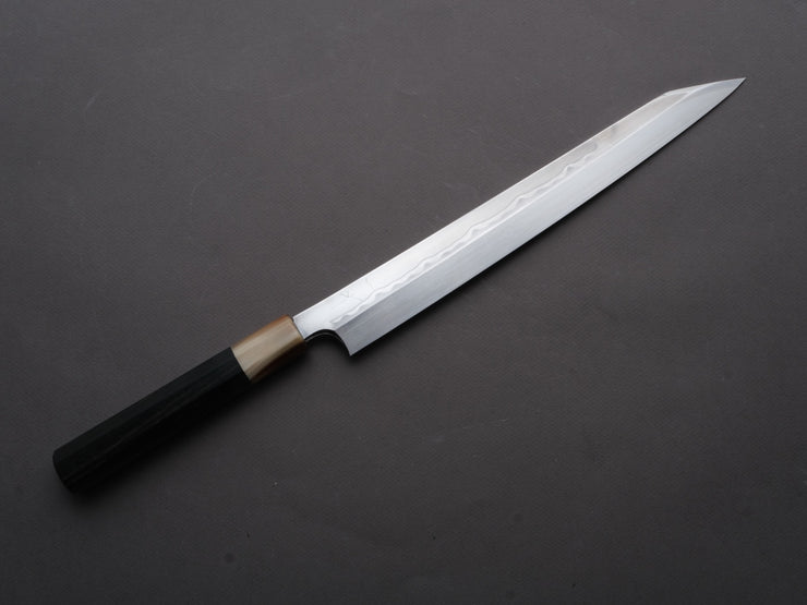 Hitohira - Togashi - White #1 - Sanbonsugi Mizu Honyaki - Kiritsuke Yanagiba - 300mm - Taihei Makassar Ebony Handle (Saya)