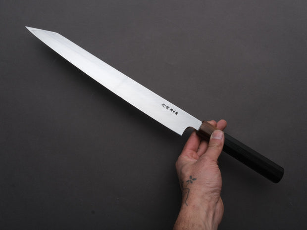 Hitohira - Togashi - White #1 - Sanbonsugi Mizu Honyaki - Kiritsuke Yanagiba - 300mm - Taihei Makassar Ebony Handle (Saya)
