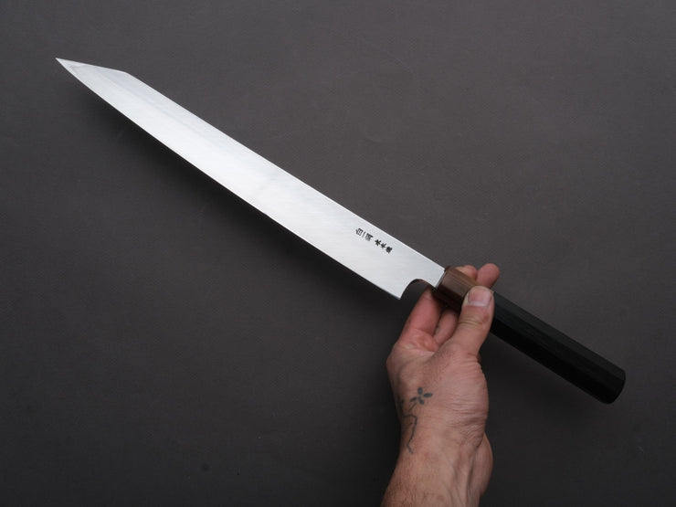 Hitohira - Togashi - White #1 - Sanbonsugi Mizu Honyaki - Kiritsuke Yanagiba - 300mm - Taihei Makassar Ebony Handle (Saya)