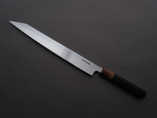 Hitohira - Togashi - White #1 - Sanbonsugi Mizu Honyaki - Kiritsuke Yanagiba - 300mm - Taihei Makassar Ebony Handle (Saya)