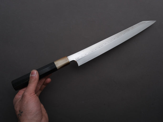 Hitohira - Togashi - White #1 - Sanbonsugi Mizu Honyaki - Kiritsuke Yanagiba - 300mm - Taihei Makassar Ebony Handle (Saya)