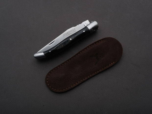 Fontenille Pataud - Folding Knife - Laguiole Traditional - Slip Joint - 12c27 Swedish Stainless - 11cm - Buffalo Horn Bark Handle - Leather Sleeve