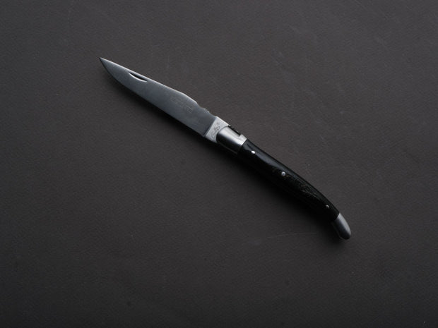 Fontenille Pataud - Folding Knife - Laguiole Traditional - Slip Joint - 12c27 Swedish Stainless - 11cm - Buffalo Horn Bark Handle - Leather Sleeve