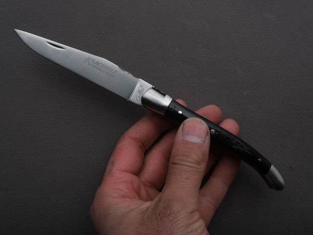 Fontenille Pataud - Folding Knife - Laguiole Traditional - Slip Joint - 12c27 Swedish Stainless - 11cm - Buffalo Horn Bark Handle - Leather Sleeve