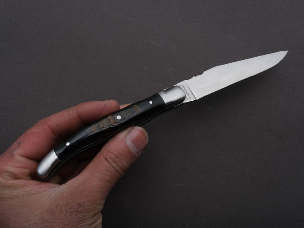Fontenille Pataud - Folding Knife - Laguiole Traditional - Slip Joint - 12c27 Swedish Stainless - 11cm - Buffalo Horn Bark Handle - Leather Sleeve