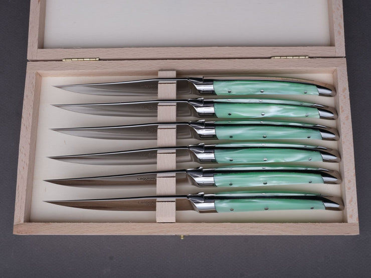 Goyon Chazeau - Steak/Table Knives - Laguiole Klasse G - Pearly Anise Green Acrylic Handle  - Set of 6