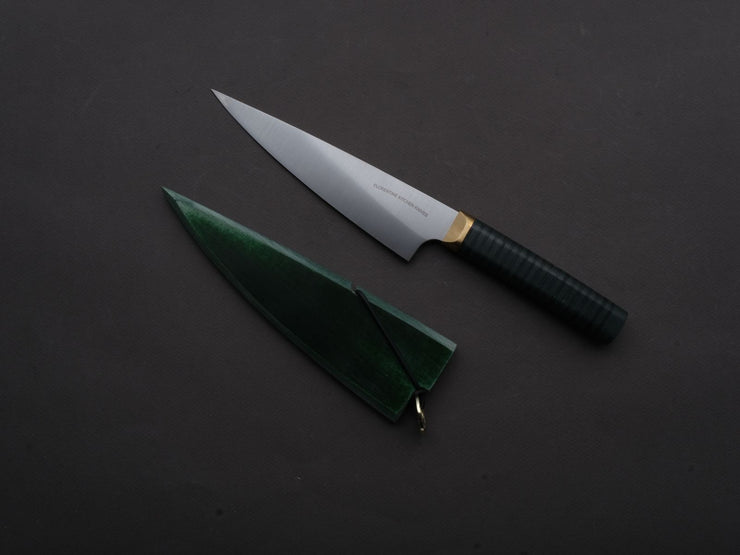 Florentine Kitchen Knives - Stainless - Petty - 155mm - Stacked Green Composite and Black Leather Handle