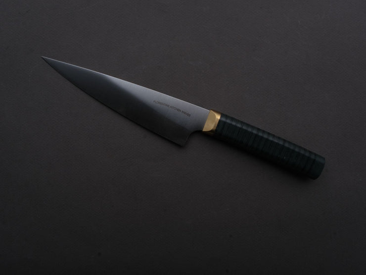 Florentine Kitchen Knives - Stainless - Petty - 155mm - Stacked Green Composite and Black Leather Handle