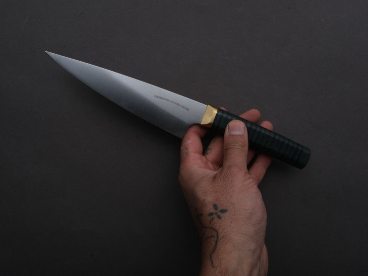 Florentine Kitchen Knives - Stainless - Petty - 155mm - Stacked Green Composite and Black Leather Handle