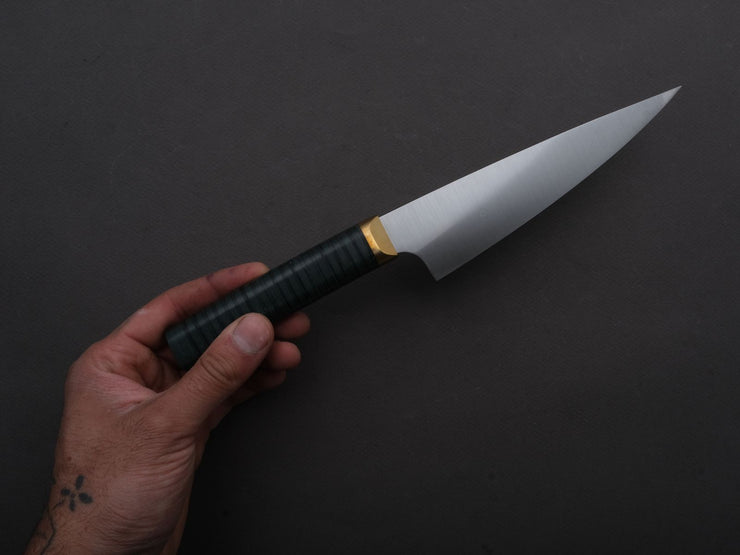 Florentine Kitchen Knives - Stainless - Petty - 155mm - Stacked Green Composite and Black Leather Handle