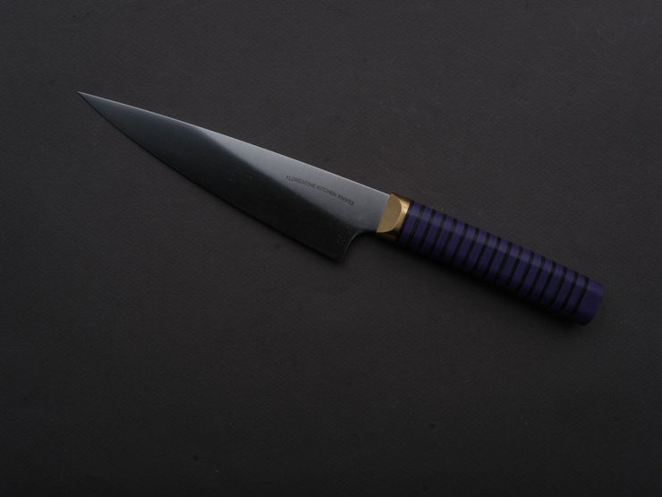 Florentine Kitchen Knives - Stainless - Petty - 155mm - Stacked Purple Composite and Black Leather Handle