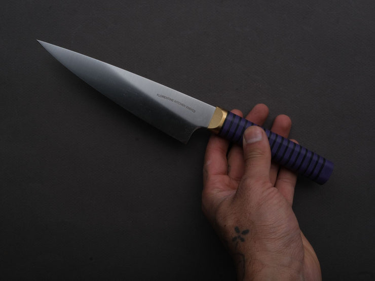 Florentine Kitchen Knives - Stainless - Petty - 155mm - Stacked Purple Composite and Black Leather Handle