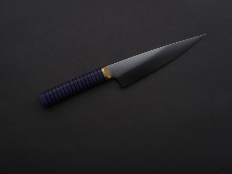 Florentine Kitchen Knives - Stainless - Petty - 155mm - Stacked Purple Composite and Black Leather Handle