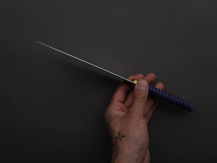 Florentine Kitchen Knives - Stainless - Petty - 155mm - Stacked Purple Composite and Black Leather Handle