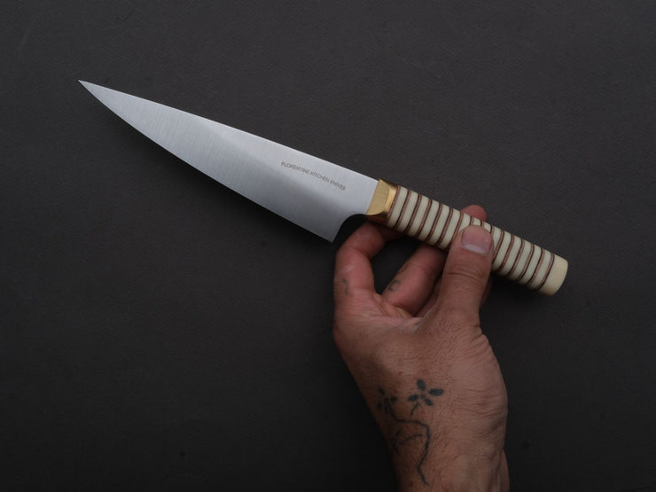 Florentine Kitchen Knives - Stainless - Petty - 155mm - Stacked White Composite and Natural Leather Handle