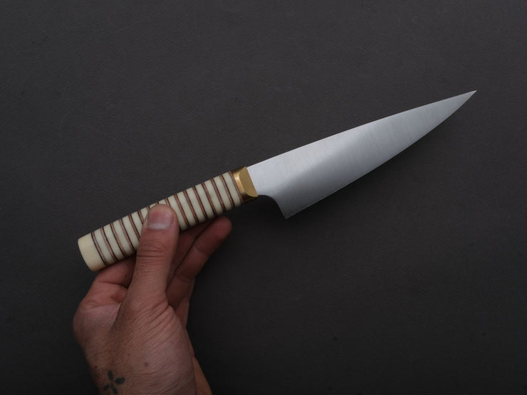 Florentine Kitchen Knives - Stainless - Petty - 155mm - Stacked White Composite and Natural Leather Handle
