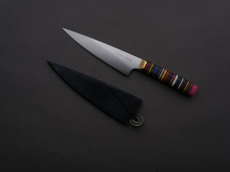 Florentine Kitchen Knives - Stainless - Petty - 155mm - Stacked Multicolor Composite and Black Leather Handle