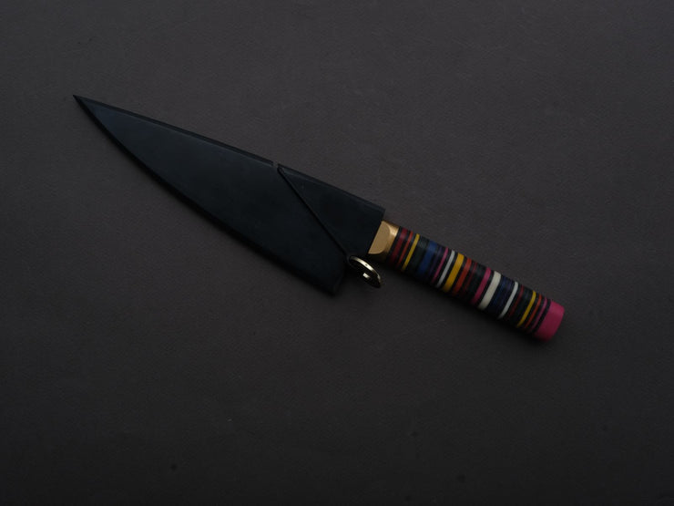 Florentine Kitchen Knives - Stainless - Petty - 155mm - Stacked Multicolor Composite and Black Leather Handle