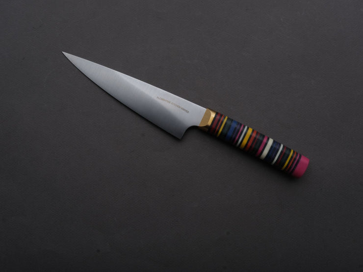Florentine Kitchen Knives - Stainless - Petty - 155mm - Stacked Multicolor Composite and Black Leather Handle