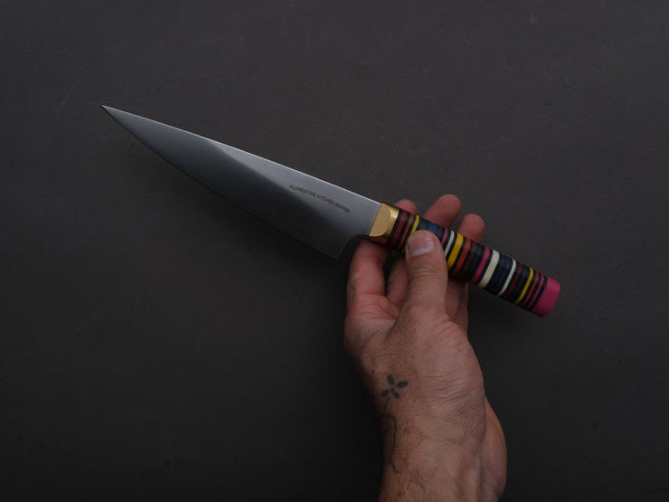 Florentine Kitchen Knives - Stainless - Petty - 155mm - Stacked Multicolor Composite and Black Leather Handle
