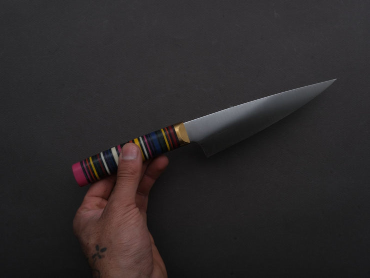 Florentine Kitchen Knives - Stainless - Petty - 155mm - Stacked Multicolor Composite and Black Leather Handle