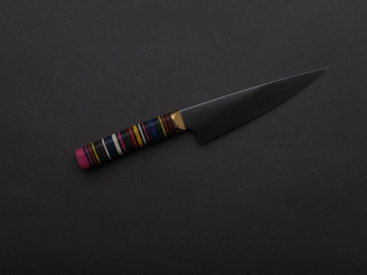 Florentine Kitchen Knives - Stainless - Petty - 155mm - Stacked Multicolor Composite and Black Leather Handle