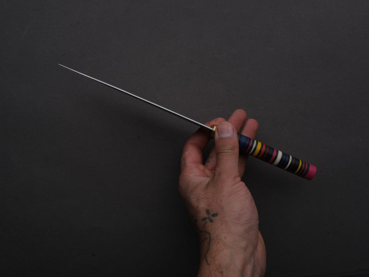 Florentine Kitchen Knives - Stainless - Petty - 155mm - Stacked Multicolor Composite and Black Leather Handle