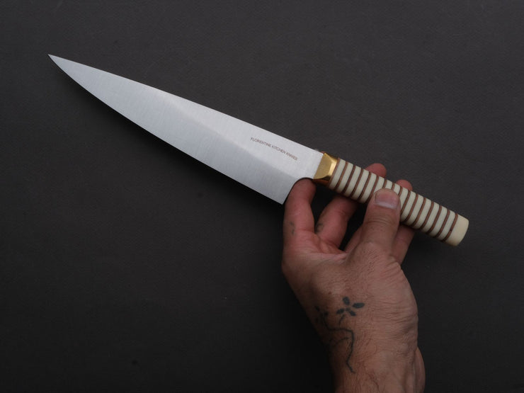 Florentine Kitchen Knives - Stainless - Utility - 200mm - Stacked White Composite and Natural Leather Handle