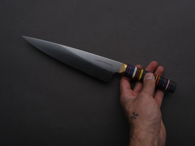 Florentine Kitchen Knives - Stainless - Utility - 200mm - Stacked Multicolor Composite and Black Leather Handle