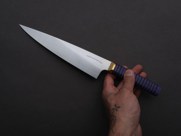 Florentine Kitchen Knives - Stainless - Utility - 200mm - Stacked Purple Composite and Black Leather Handle