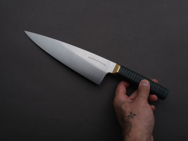 Florentine Kitchen Knives - Stainless - Chef - 205mm - Stacked Green Composite and Black Leather Handle