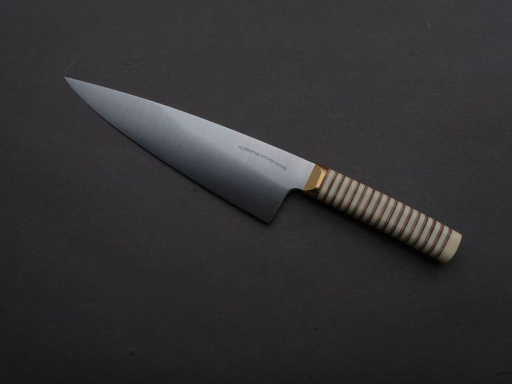 Florentine Kitchen Knives - Stainless - Chef - 205mm - Stacked White Composite and Natural Leather Handle
