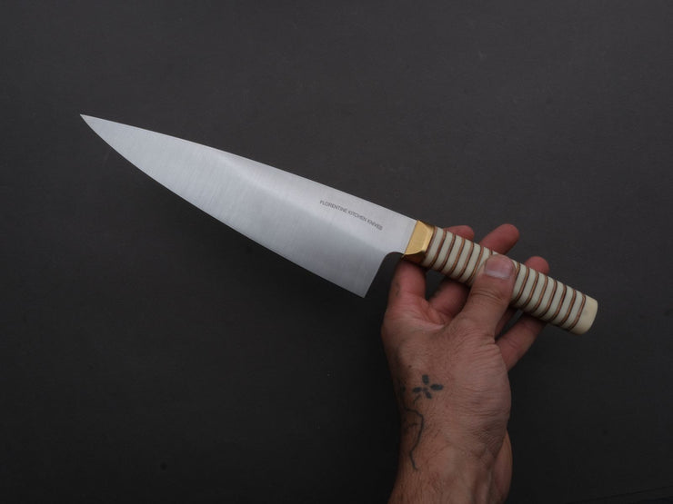 Florentine Kitchen Knives - Stainless - Chef - 205mm - Stacked White Composite and Natural Leather Handle