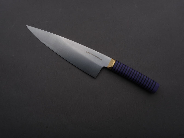 Florentine Kitchen Knives - Stainless - Chef - 205mm - Stacked Purple Composite and Black Leather Handle