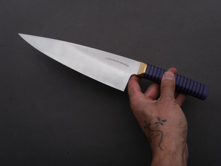 Florentine Kitchen Knives - Stainless - Chef - 205mm - Stacked Purple Composite and Black Leather Handle