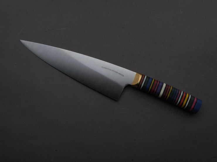 Florentine Kitchen Knives - Stainless - Chef - 205mm - Stacked Multicolor Composite and Black Leather Handle