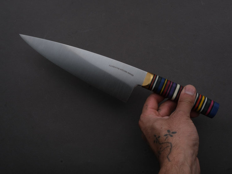 Florentine Kitchen Knives - Stainless - Chef - 205mm - Stacked Multicolor Composite and Black Leather Handle