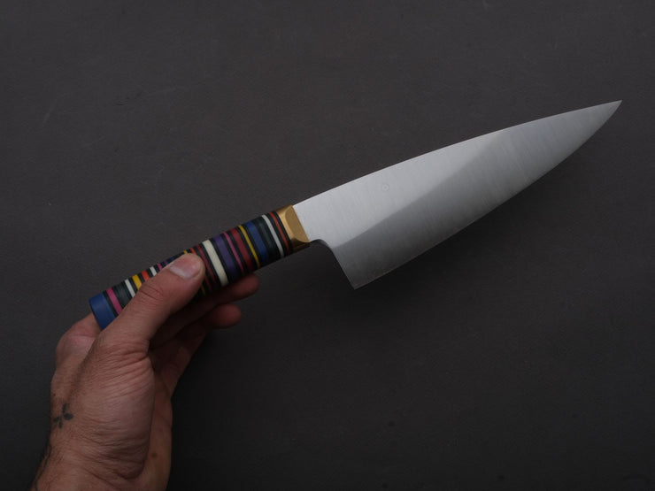 Florentine Kitchen Knives - Stainless - Chef - 205mm - Stacked Multicolor Composite and Black Leather Handle