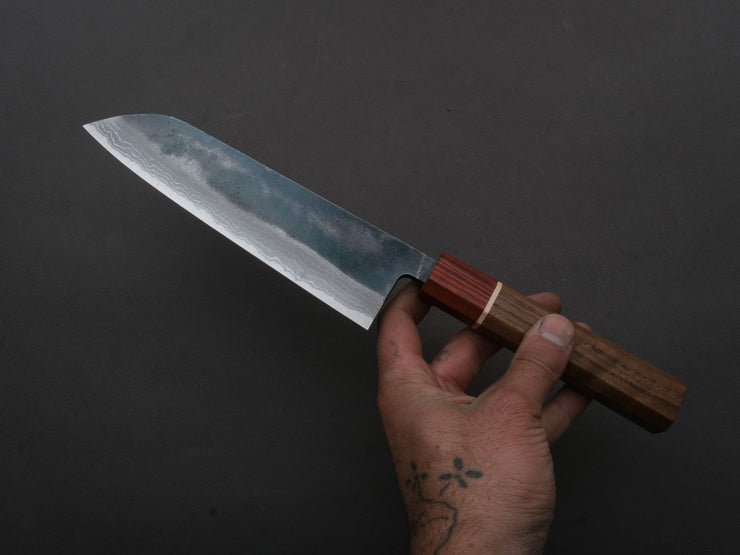 Hitohira - Echizen NB - White #2 - Kurouchi Damascus - Santoku - 165mm - Walnut Handle - Rengas Ferrule