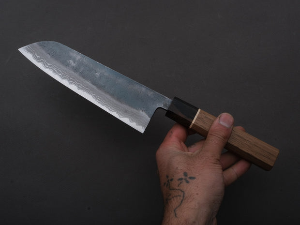 Hitohira - Echizen NB - Kurouchi Damascus - White #2 - Santoku - 170mm - Walnut Handle (ziricote ferrule)