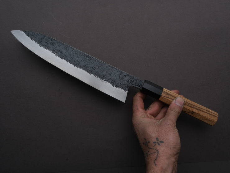 Isamitsu - Super Blue Stainless Clad - Kurouchi - 240mm Gyuto - Taihei Zebrawood Handle