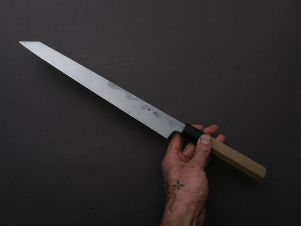 Sakai Kikumori - Kikuzuki Uzu - Blue #1 - Damascus - Kiritsuke Yanagiba - 270mm - Magnolia Handle