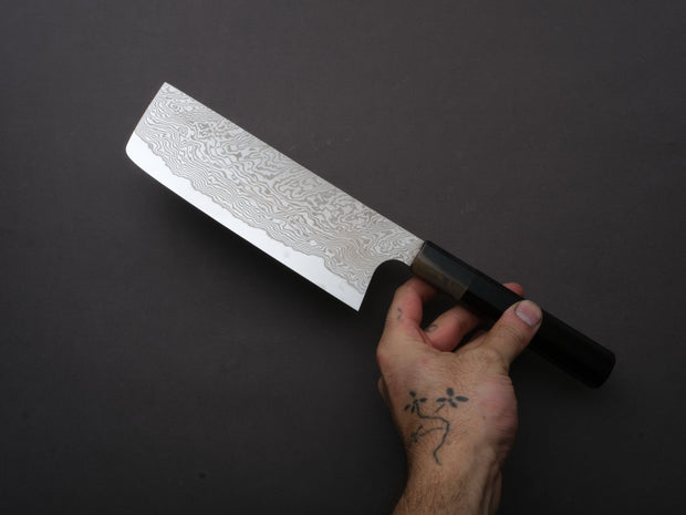 Sakai Kikumori - MINAMO - ATS34 - Damascus - Nakiri - 180mm - Ebony Handle