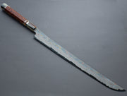 Nigara Hamono - Kurozome Rainbow Damascus - Blue #2 Forced Patina - 450mm Saber Sujihiki - Karin Burl Handle - Custom Sandalwood Saya